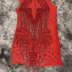 Elegant Red Beaded Mini Dress
